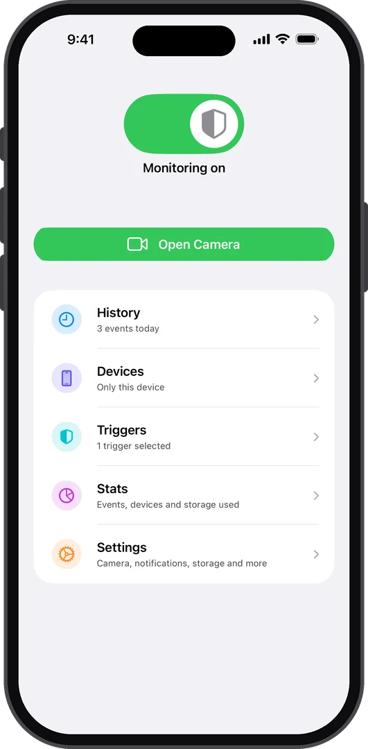 AiCam home screen with monitoring switched on