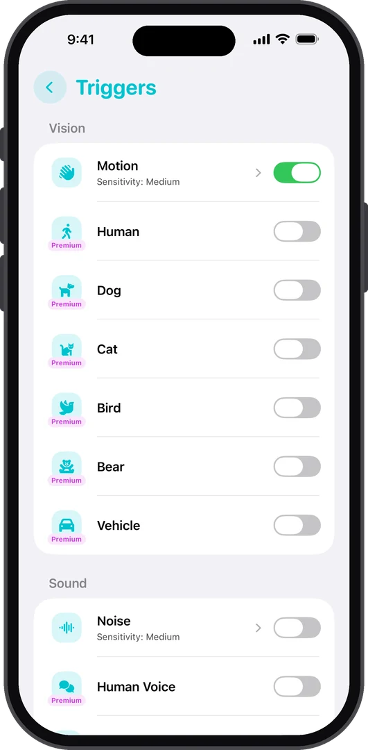 AiCam Triggers screen listing vision and sound triggers